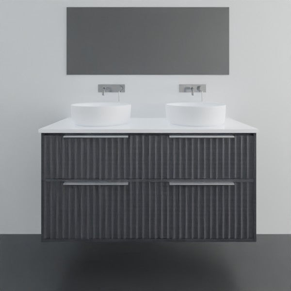 Marquis Salamander wall hung vanity in dark woodgrain finish with white benchtop and twin round basins