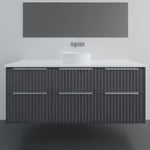 Marquis Salamander wall hung vanity in dark woodgrain with white top and round basin, front view