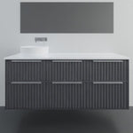 Marquis Salamander wall hung vanity in dark woodgrain with white benchtop, above-counter basin and two drawers, front view