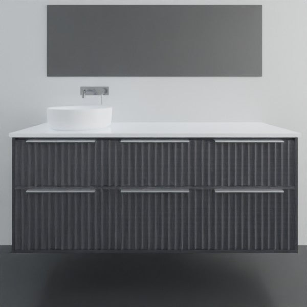 Marquis Salamander wall hung vanity in dark woodgrain with white benchtop, above-counter basin and two drawers, front view