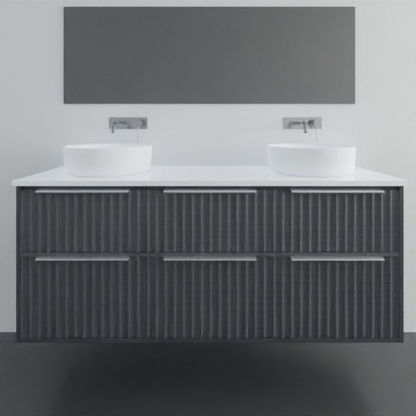 Marquis Salamander wall hung vanity in dark woodgrain finish with white top and twin above-counter basins