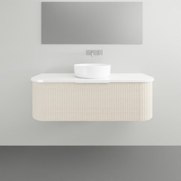 Marquis Shore wall hung vanity with fluted curved cabinet, white solid surface top and round basin, front view