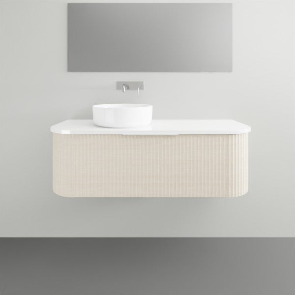Marquis Shore wall hung vanity with white solid surface top, round basin and fluted curved front in oak finish