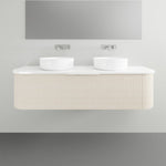 Marquis Shore wall hung vanity with white solid surface top and double basin, shown in a front view