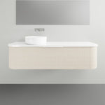 Marquis Shore wall hung vanity with white solid surface top, single basin and fluted curved woodgrain cabinet in Coastal Oak