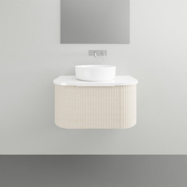 Marquis Shore wall hung vanity with fluted curved cabinet, white solid surface top and round basin, 900mm centre bowl