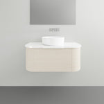 Marquis Shore wall hung vanity with curved fluted oak-look drawer, white top and round basin, front view