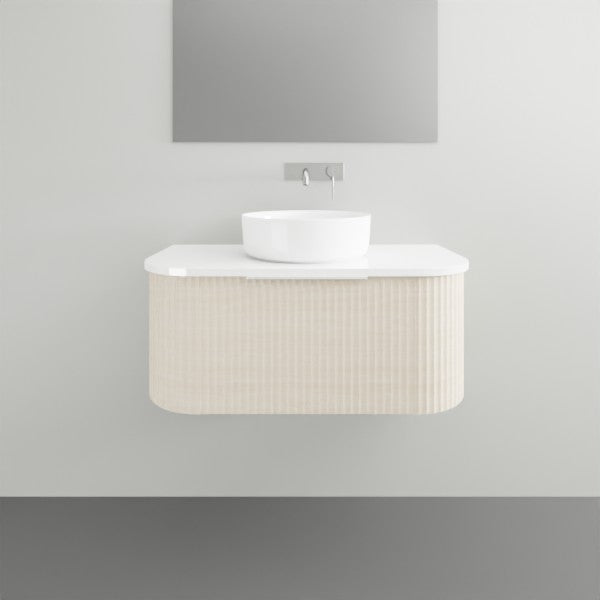 Marquis Shore wall hung vanity with curved fluted oak-look drawer, white top and round basin, front view