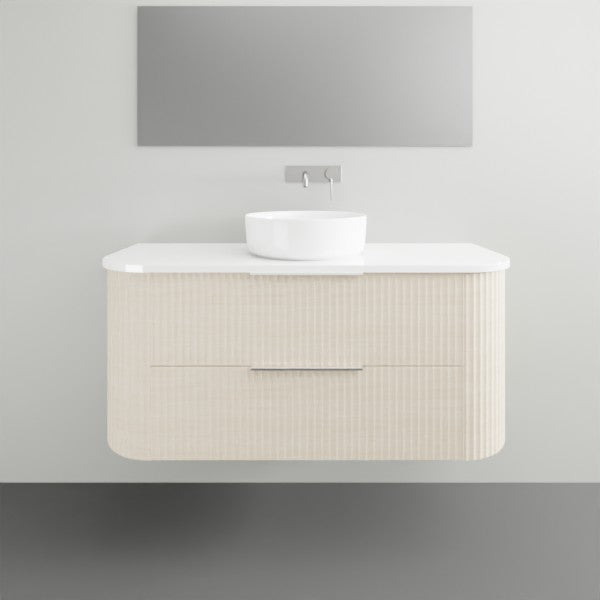 Marquis Shore wall hung vanity with white solid surface top and basin, fluted woodgrain finish, front view