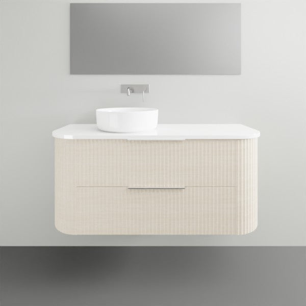 Marquis Shore wall hung vanity with fluted woodgrain drawer, white solid surface top and round above-counter basin