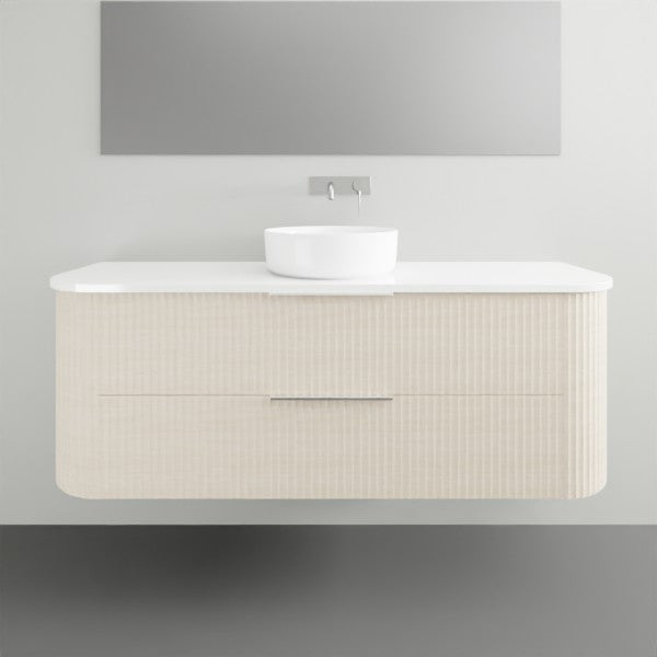 Marquis Shore wall hung vanity with white solid surface top, round basin and fluted light woodgrain drawers