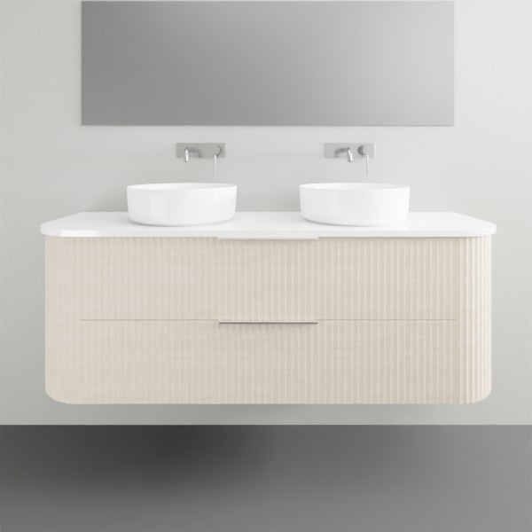 Marquis Shore wall hung vanity with fluted woodgrain front, white solid surface top and two above-counter basins