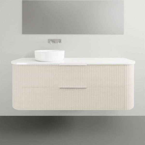 Marquis Shore wall hung vanity with white solid surface top, round basin and fluted woodgrain drawers