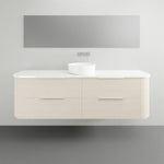 Marquis Shore wall hung vanity with fluted woodgrain drawers, white solid surface top and round basin