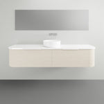 Marquis Shore wall hung vanity with fluted curved cabinet, white solid surface top and basin, front view