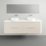 Marquis Shore wall hung vanity in prime oak with white solid surface top and two round basins, front view