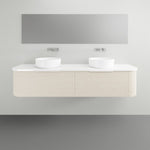 Marquis Shore wall hung vanity with fluted curved cabinet, white solid surface top and double basin
