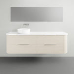 Marquis Shore wall hung vanity with fluted beige drawers, white solid surface top and round above-counter basin