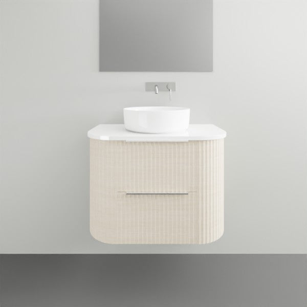 Marquis Shore wall-hung vanity with fluted curved woodgrain drawer, white solid surface top and round basin