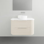 Marquis Shore wall hung vanity, fluted light woodgrain with white solid surface top and round basin, front view