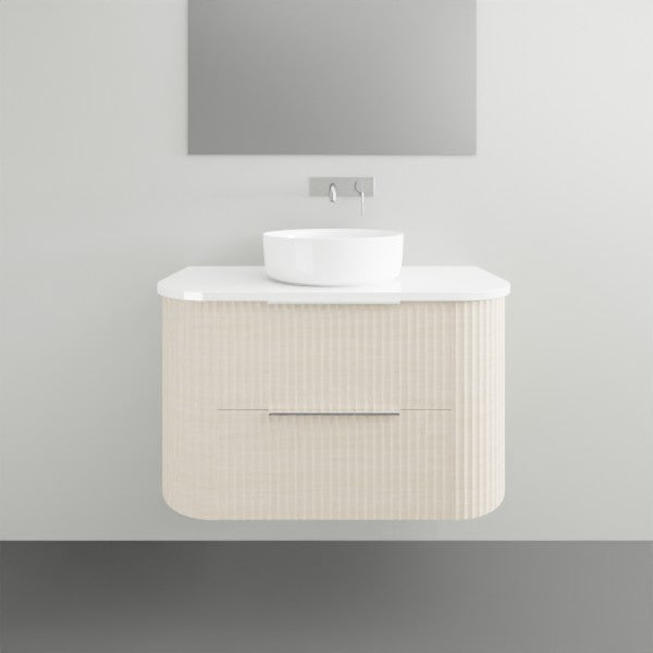 Marquis Shore wall hung vanity, fluted light woodgrain with white solid surface top and round basin, front view