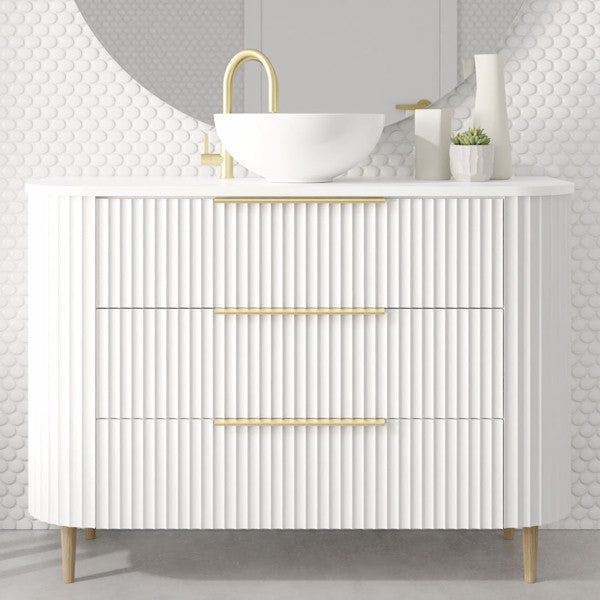 Marquis Shore floor standing vanity in white with fluted drawers, brass handles, legs and oval basin top view