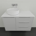 Marquis Shortland wall hung vanity with white solid surface top and oval basin, shown front on in a modern bathroom setting