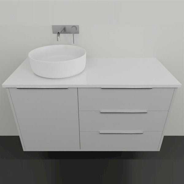 Marquis Shortland wall hung vanity with white solid surface top, above-counter basin and four drawers, front view