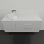Marquis white wall hung vanity with solid surface top, round above-counter basin and three drawers, front view