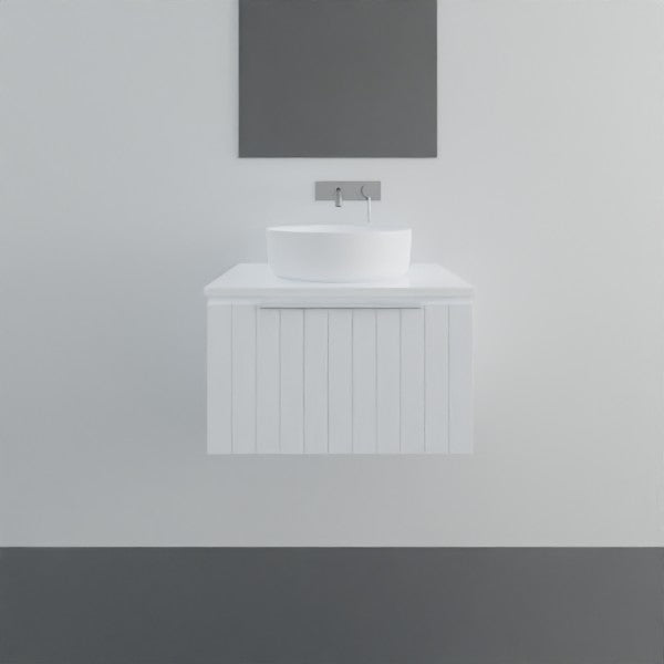 Marquis Valencia white wall hung vanity with shiplap front and above-counter basin in a minimalist bathroom setting