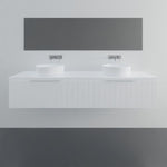 Marquis Valencia wall hung vanity in white with shiplap detailing and twin round basins, front view