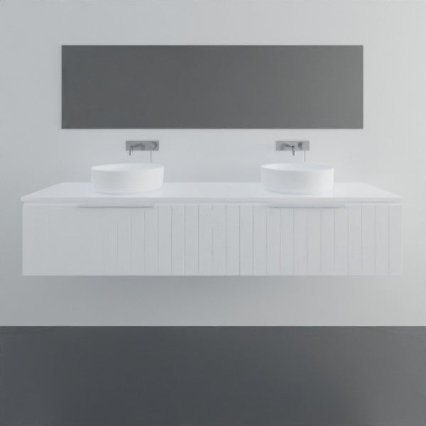 Marquis Valencia wall hung vanity in white with shiplap detailing and twin round basins, front view