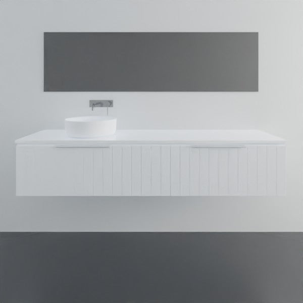 Marquis Valencia wall hung vanity in white with shiplap detailing, wall-mounted beneath a white basin and grey mirror panel