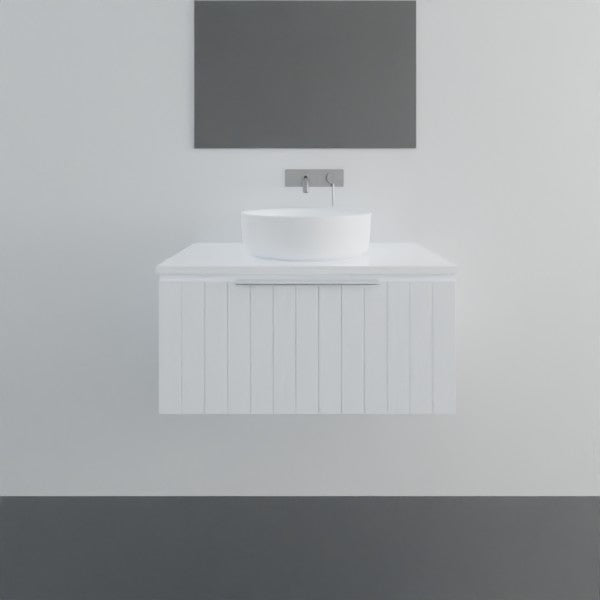 Marquis Valencia wall hung vanity in white with shiplap front, above-counter basin and wall-mounted mirror/fixture