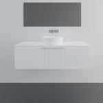 Marquis Valencia wall hung vanity in white, with shiplap front and centre bowl basin in a minimalist bathroom setting