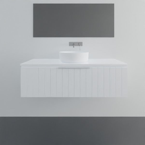 Marquis Valencia wall hung vanity in white, with shiplap front and centre bowl basin in a minimalist bathroom setting