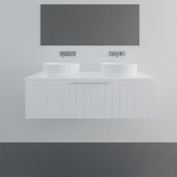 Marquis Valencia wall hung vanity in white, 1800mm double bowl, with shiplap front and above counter basins