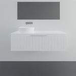 Marquis Valencia wall hung vanity in white with shiplap detailing and offset round basin, front view