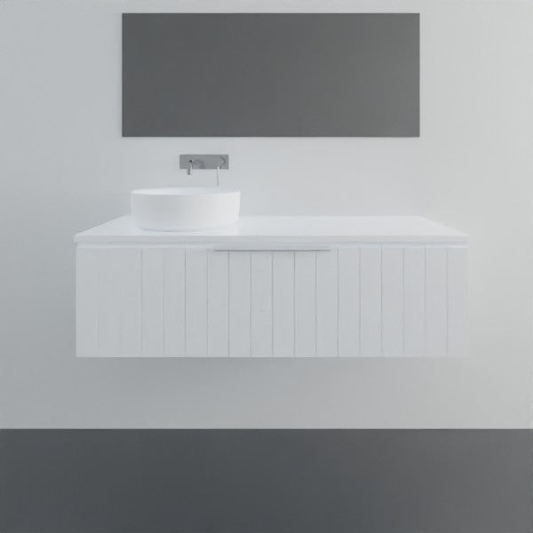 Marquis Valencia wall hung vanity in white with shiplap detailing and offset round basin, front view