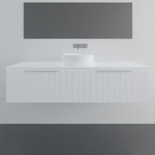 Marquis Valencia wall hung vanity in white with shiplap detailing and above-counter basin, front view