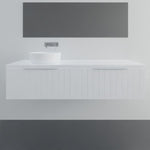 Marquis Valencia wall hung vanity in white with shiplap detailing and above counter basin, front view