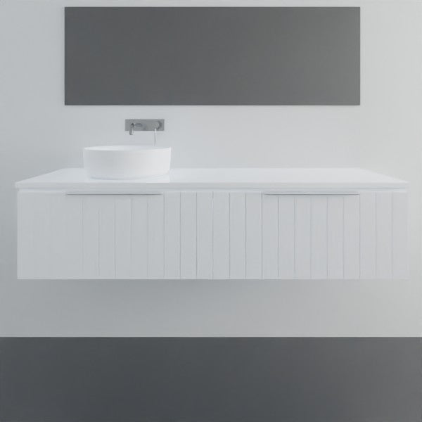 Marquis Valencia wall hung vanity in white with shiplap detailing and above counter basin, front view