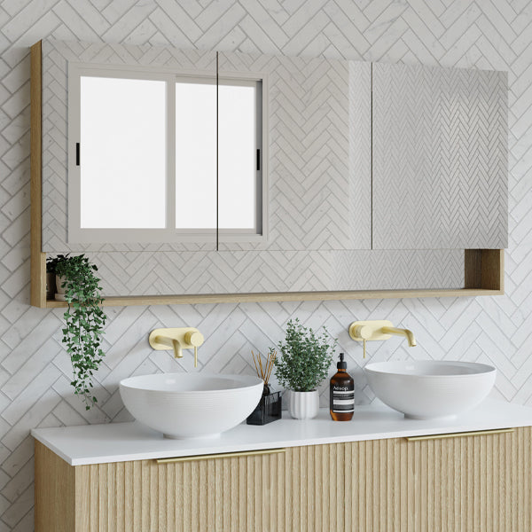 Marquis Watson wall-hung shaving cabinet with mirrored doors, timber-look finish and open shelf above twin basins