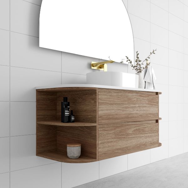 Marquis Avion wall hung vanity in woodgrain finish with white basin and curved open shelf, right-hand view