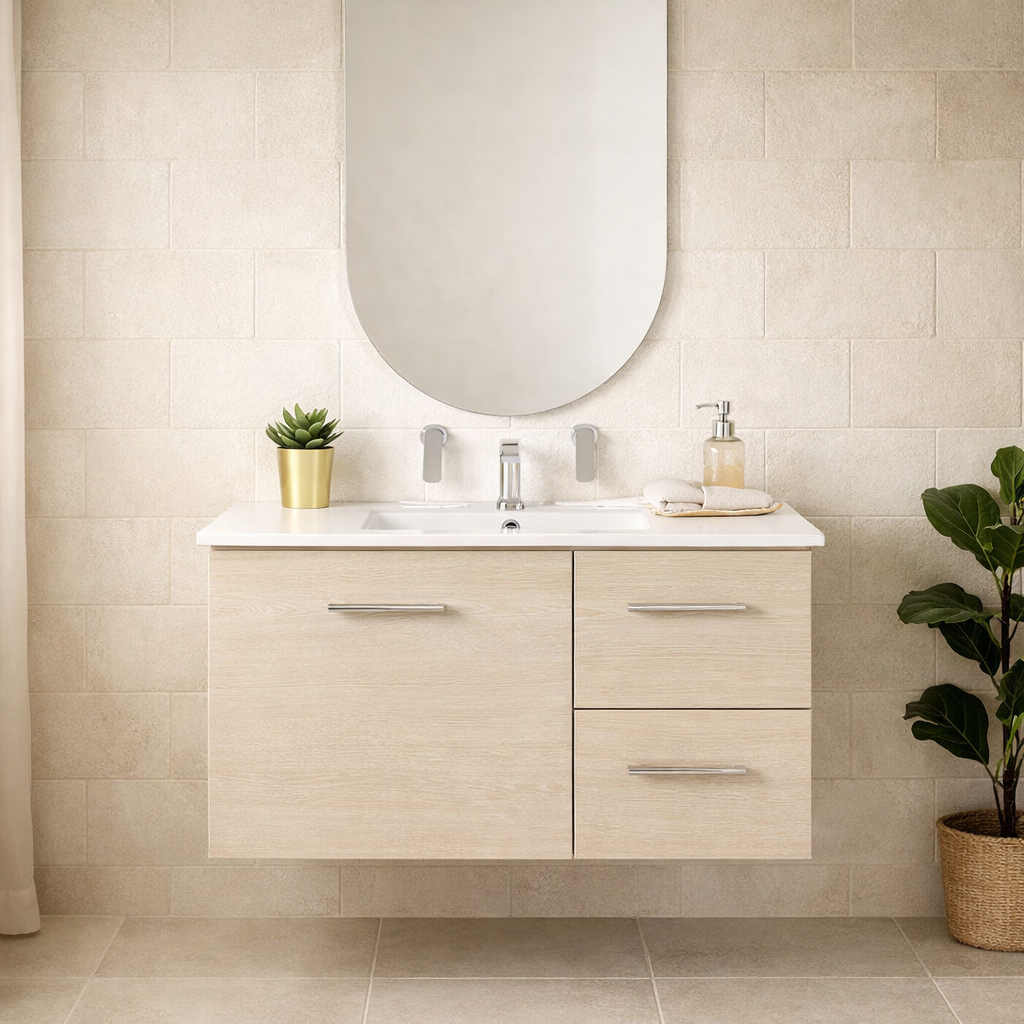 Marquis Marq Compact Wall Hung Vanity with Casa Top in byron bay inspired bathroom