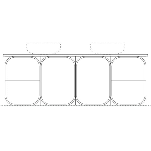 Technical line drawing of Marquis Port wall hung vanity with Symphony top, four drawer fronts and two basins.
