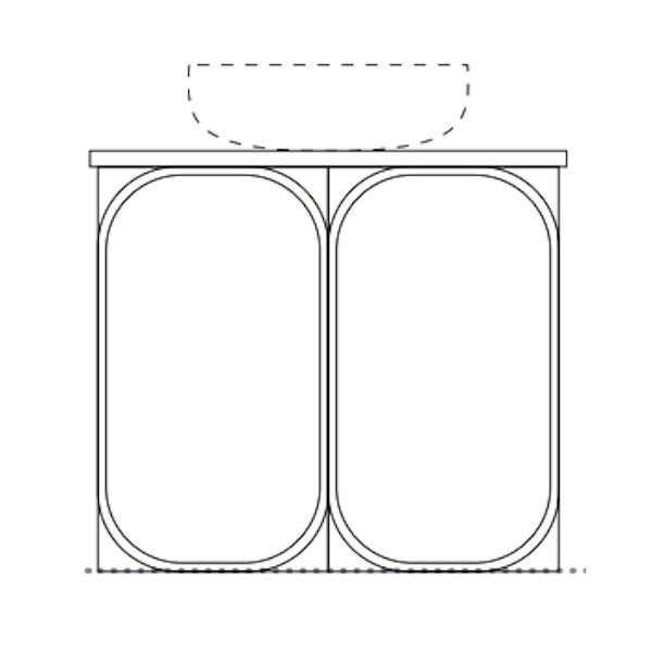 Marquis Port wall hung vanity technical drawing, 1500mm centre bowl, with Symphony solid surface top and basin outline