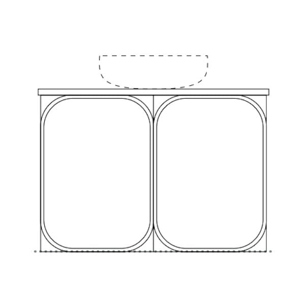 Marquis Port wall hung vanity technical drawing, 1500mm offset bowl layout with Symphony top and two rounded drawers