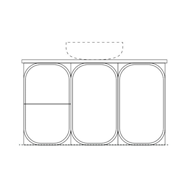 Marquis Port 1500mm wall hung vanity technical drawing with three front panels and double bowl top outline