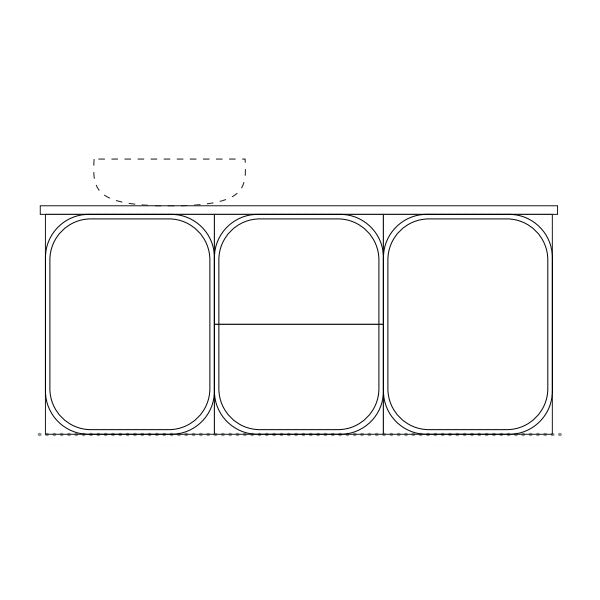 Marquis Port wall hung vanity technical drawing with centre basin, three rounded-corner fronts and solid surface top